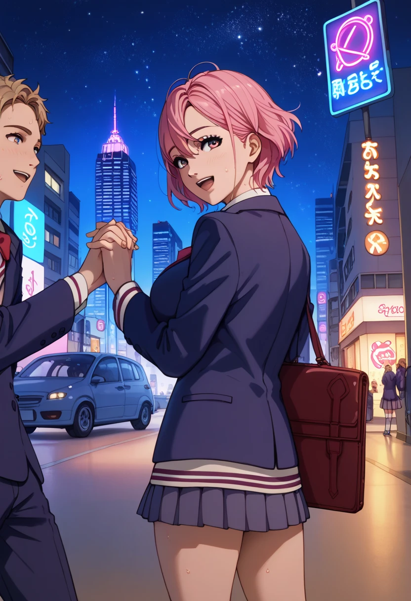 1boy,1girl, standing, Hold hands,looking back, twisted torso,view from front,smile, open mouth,
(night:1.2), cityscape, skyscraper, street, starry sky, neon sign,
masterpiece,best quality,amazing quality,very aesthetic,absurdres,newest, 
BREAK 1girl,Shiratori Aira, School uniform, (large breasts:1.3),Sweat 