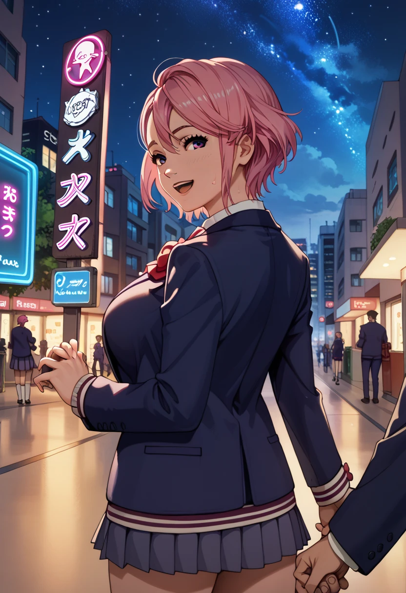 1boy,1girl, standing, Hold hands,looking back, twisted torso,view from front,smile, open mouth,
(night:1.2), cityscape, skyscraper, street, starry sky, neon sign,
masterpiece,best quality,amazing quality,very aesthetic,absurdres,newest, 
BREAK 1girl,Shiratori Aira, School uniform, (large breasts:1.3),Sweat 