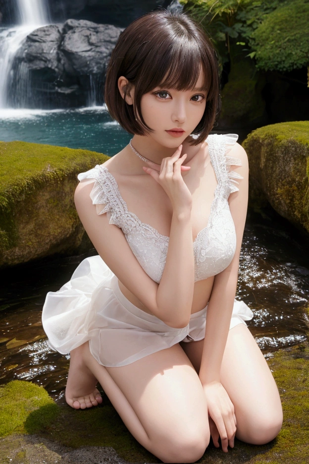 (nsfw), sexy stylish Thai model, only 1 female, ((doll-like appearance)), short Mahogany stylish hair, ((shiny Victorian-Style boots)), (big smile), ultra detailed eyes, vivid eye makeup, lipgloss, long lashes, defined eyebrows, ((sexy Paradise Kiss cosplay)), bell-shaped skirt, petticoats, high neckline, puffed sleeves, ((ultra detailed lace)), ((ultra detailed embroidery)), intricate details, Paradise Kiss accessoires and matching headpiece, choker, ((large sparkling Paradise Kiss jewelry)), cinematic light, detailed large park background with trees