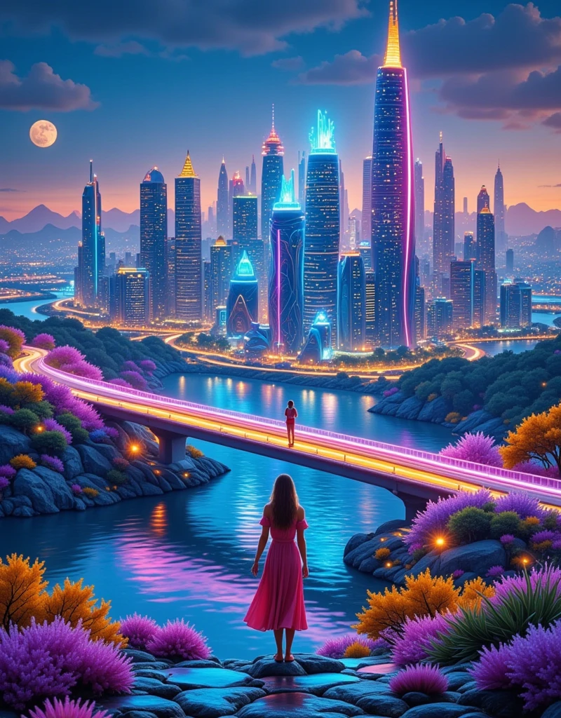 A Masterpiece In 32K Resolution: Supreme Quality, Super Detail, Official Art, Very High-Resolution 32K Wallpaper, Beautiful And Aesthetic, Ultra-Detailed Features, Awe-Inspiring Detail. An Awe-Inspiring Night View Of A Futuristic Cityscape, Featuring A Majestic Bridge Stretching Over A Reflective River. The Skyline Showcases Towering, Sleek Skyscrapers Illuminated By Vibrant Neon Lights, Evoking The Grandeur Of A Futuristic Metropolis. In The Distance, Glowing Megacities Emerge On The Horizon, Adding Depth And Scale To The Scene. The Romantic Evening Atmosphere Is Heightened By The Soft Glow Of The Moon And Shimmering Reflections On The Water. The Urban Design Feels Imaginative And Cutting-Edge, Blending Sleek Architecture With Creative Lighting That Captivates And Surprises, Inspired By The Visionary Style Of Chasbio.