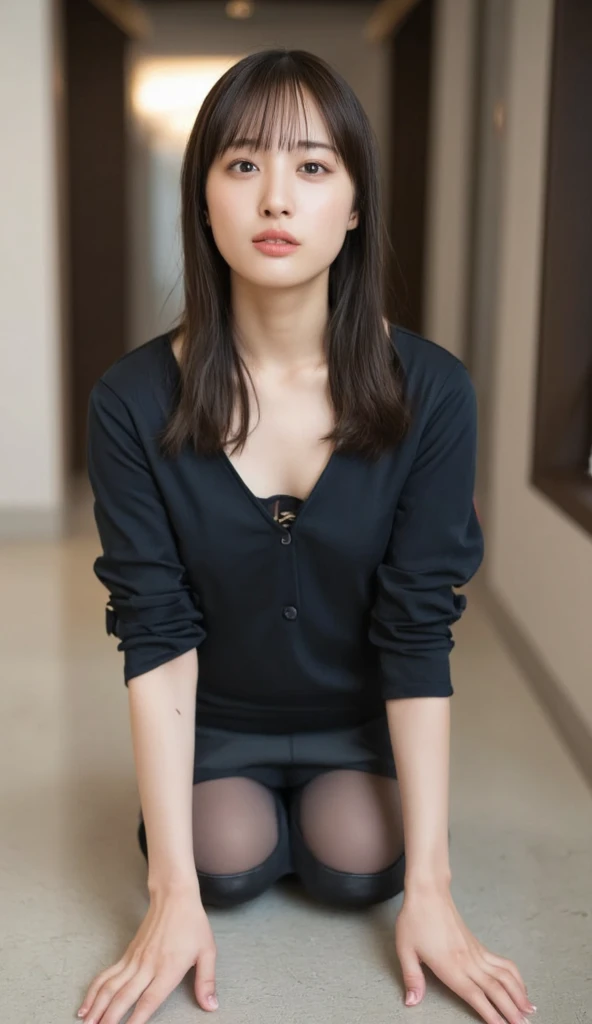 masutepiece, Best Quality, Photorealsitic, finely detail, hight resolution,beautiful japanese woman,beautiful detailed eyes, beautiful detailed lips, extremely detailed face, small head, small areola, cinematic lighting, photorealistic, 8k, high quality, hyper detailed, (looking at viewer:1.3),smile,(dress shirt),(pencil skirt),(short hair:1.2),(random location),(medium breasts:1.2),(inoueseika),slender,beautifull legs,(cleavage:1.3),(sexy posing),mini skirt, (bokeh:1.3) (black pantyhose:1.2),(office lady:1.4),(all fours:1.3)