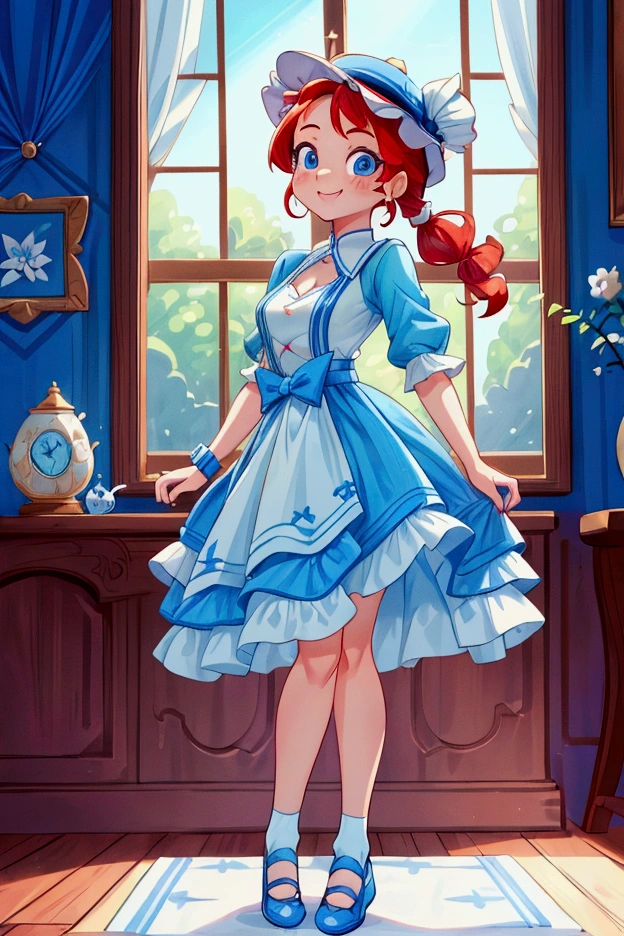 (masterpiece, best quality), 1girl, blue and white frill dress, red hair, two ponytails, cute face, blue eyes, standing, indoor, intricate detail, sunlight, cute dog hat, sexy pose, blue and white shoes, earrings, elegant hand watch, smile, coquette, gorgeous legs, mature teenager body, lovely, gorgeous body, pronounced breasts