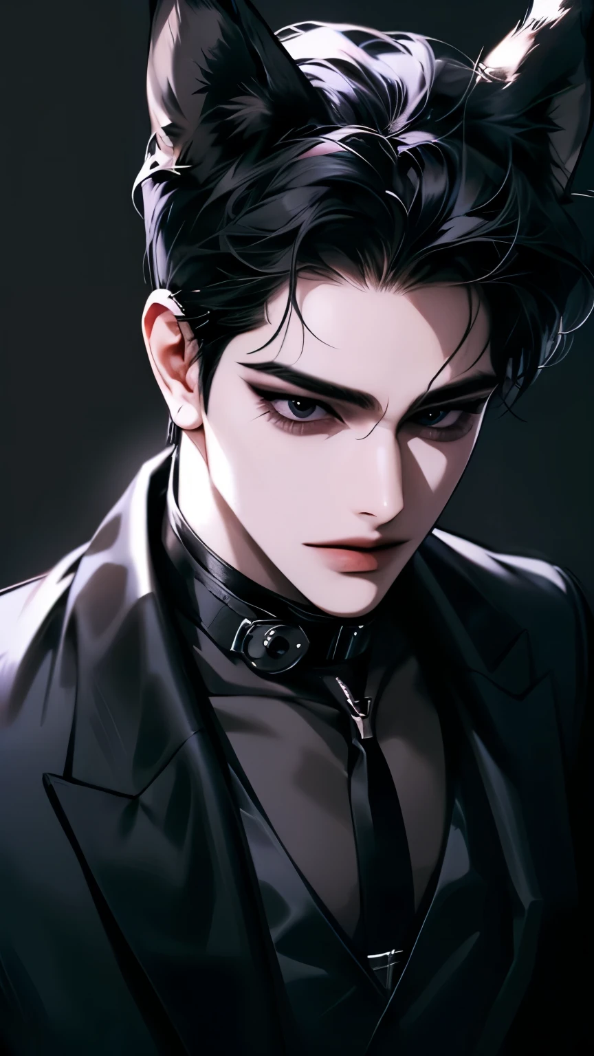 boy, ( black hair and black eyes),  white skin ,  sharp eyes,  close up, ((black suit,  black shirt)), black background, ((muzzle)), (black wolf ears), (((An infallible face)))