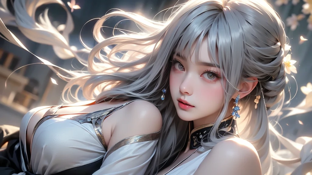 super high quality, masterpiece, Perfect illustration, Extremely detailed (Exquisite light and shadow, A very dramatic picture,Backlight) , ((Gray Hair:1.5))1 girl, alone, (Wearing Han clothes, Black and white Hanfu,monotone,Long sleeves) Flower Field, Flowers, (White smoke:1.3) (Realistic:1.4), Zen Intertwining, Tangled, Official Art, unity 8k wallpaper, Very detailed, Beautiful and beautiful, masterpiece, highest quality, (Dynamic Angle: 1.4), Glowing Skin, (Floating colorful flashes: 1) The most beautiful chaotic shapes, elegant, brutalism design, Bright colors, Romantic Depth of Field Exotic_dance, half_naked、Exposing shoulders、large breasts、Great cleavage、（han style、jin style）. look up the sky.