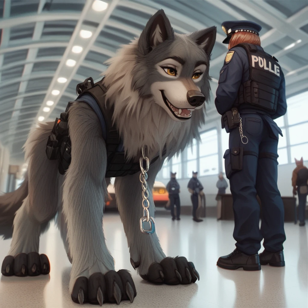 score_9, score_8_up, score_7_up, score_6_up,jenna,  very extra long haired, anthropomorphic, adult, furry, wolf, wearing a heavy police vest, quadruped, standing on it's toes, all fours, panting, transit station,, black tactical uniform, chain collar, adult furry wolf, wavy hair, long slender snout, sniffing luggage 