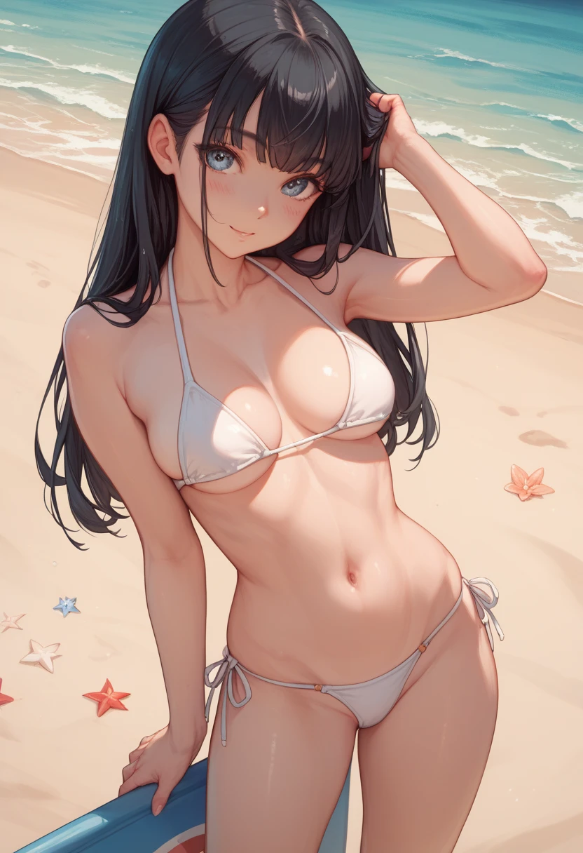  japanese 、cute black haired long 、 stand on the beach in a white super tiny string sexy bikini、（The only thing I wear is a white bikini）