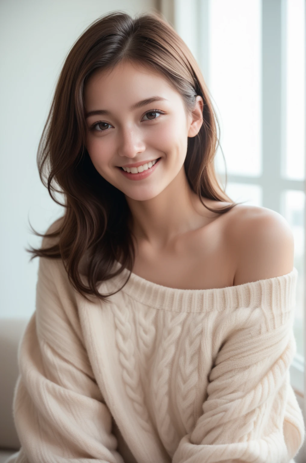 best quality, masterpiece, ultra high res, photorealistic, 1girl, offshoulder, smile, oversized_sweater, soft lighting, detailed skin,brown hair