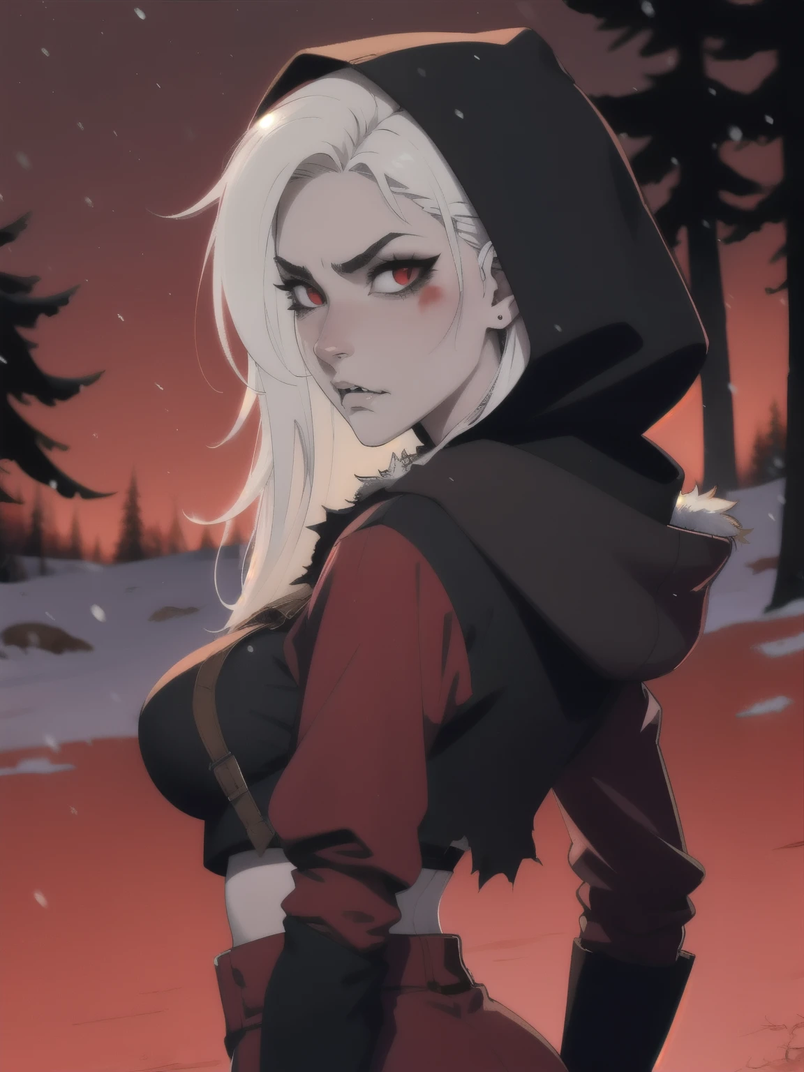 Character design sheet, same character, front, side, back), Masterpiece, best quality, 8k, dramatic lighting, 1girl, (((colorless skin, white skin))), ((white hair)), solo, (long hair, straight hair), red eyes, snake eyes, pointed ears, red eyeliner, looking at viewer, black leather vest, red hair streaks, dark background, upper body, large breasts, albino, (mature female, eye wrinkles), ((ragged clothes, long sleeve , torn clothes, dark gray clothes, fur lined hood, wearing rags, red cloak)), ((dirty clothes)), ((vampire fangs)), ((forest at night in snow)), ((red lit sky)), ((angry)), ((baring fangs)), ((mouth open)), ((torn clothing)), ((front view)), ((kerchief in hair)), ((proper proportions))