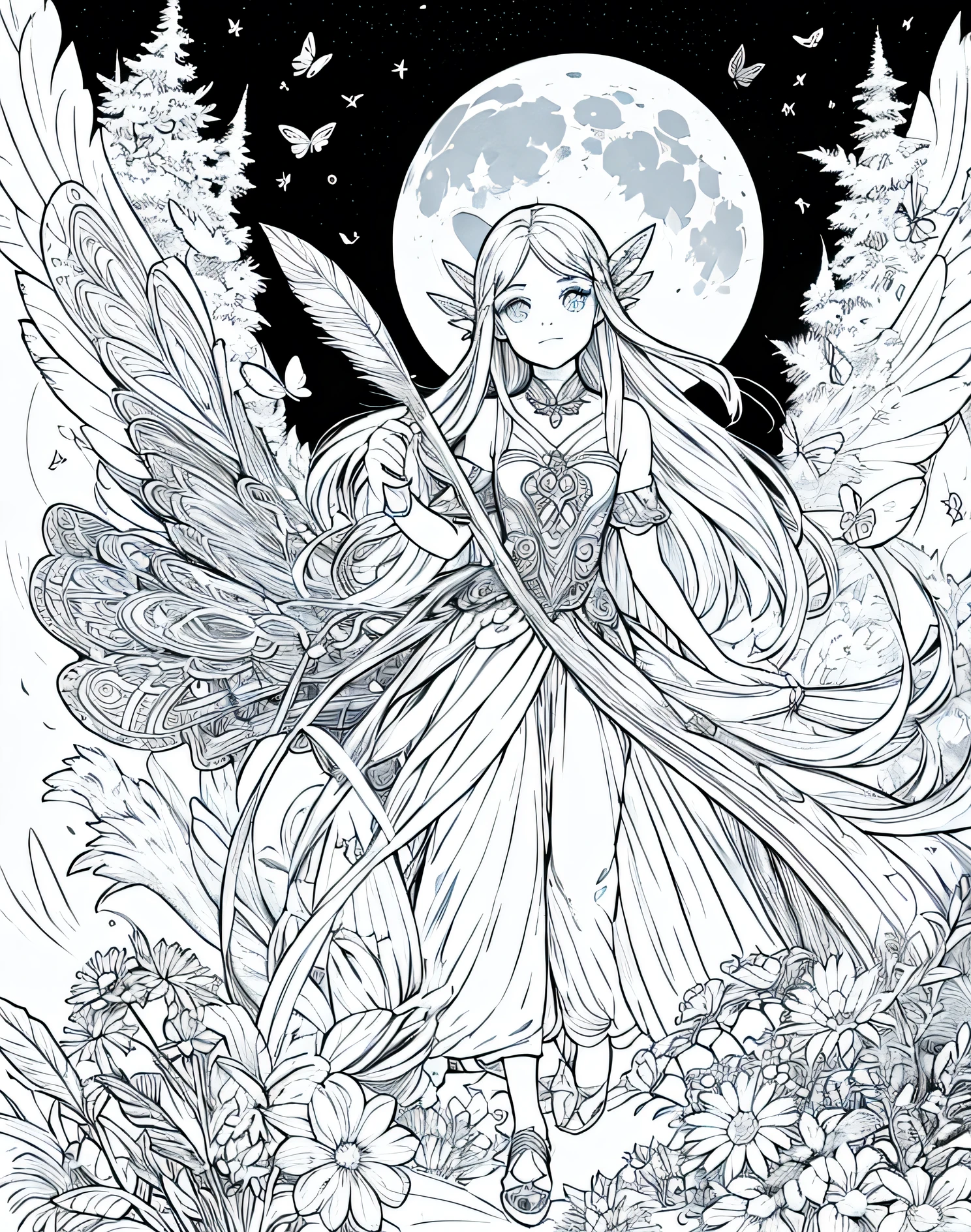 (tiny fairy:1.3), (masterpiece, black line art, black and white, coloring book style, best_quality, ultra-detailed, immaculate:1.3), epic, illustration, 1girl, full body, white skin, f/1.4 lens, bokeh, tiny Guava fairy queen, see-through gossamer, nose blush