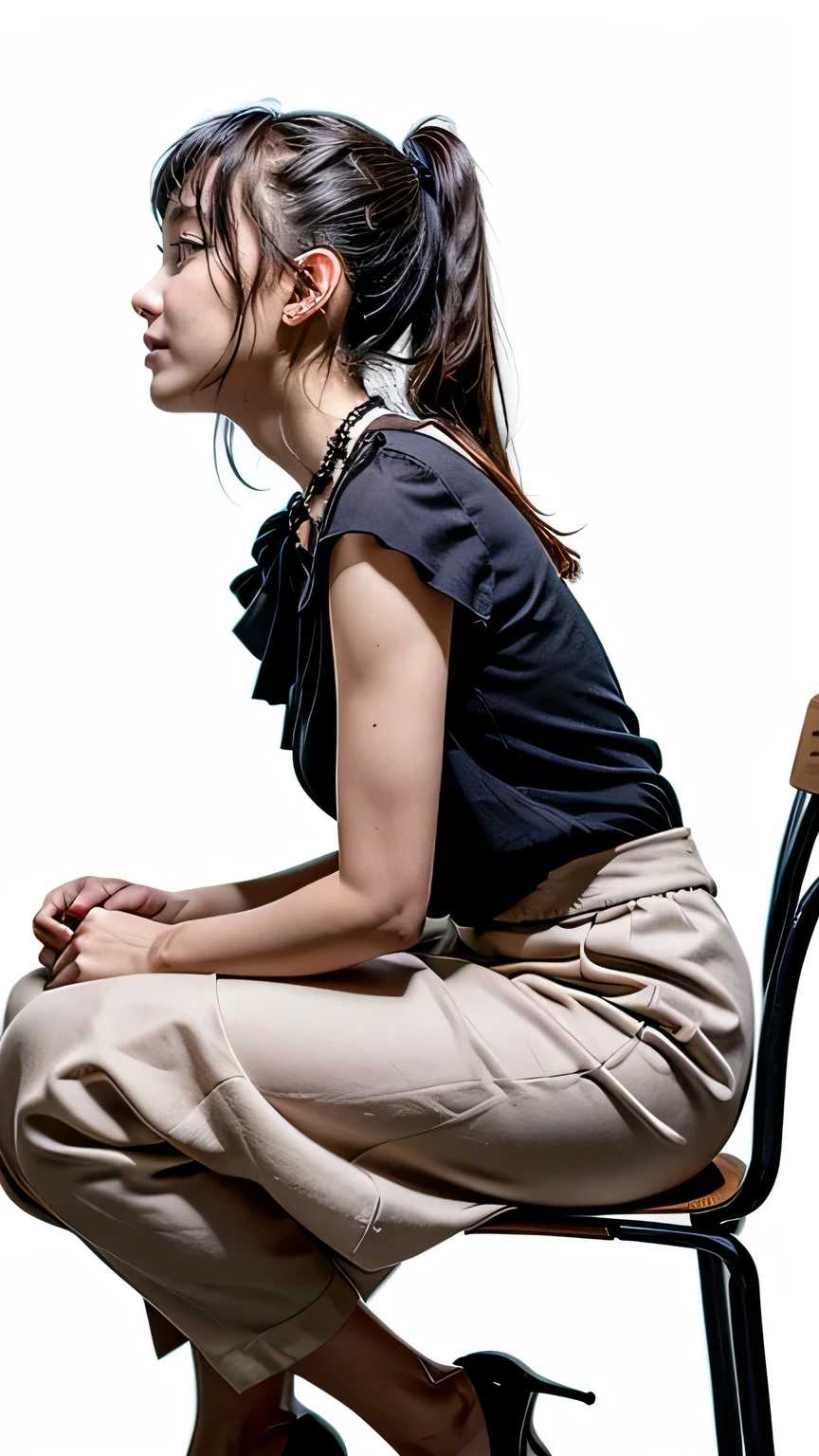Woman sitting on a chair with a cell phone in her hand - SeaArt AI