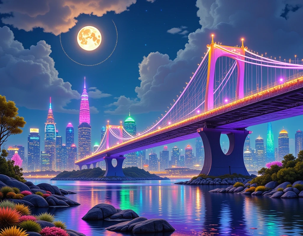 A Masterpiece In 32K Resolution: Supreme Quality, Super Detail, Official Art, Very High-Resolution 32K Wallpaper, Beautiful And Aesthetic, Ultra-Detailed Features, Awe-Inspiring Detail. An Awe-Inspiring Night View Of A Futuristic Cityscape, Featuring A Majestic Bridge Stretching Over A Reflective River. The Skyline Showcases Towering, Sleek Skyscrapers Illuminated By Vibrant Neon Lights, Evoking The Grandeur Of A Futuristic Metropolis. In The Distance, Glowing Megacities Emerge On The Horizon, Adding Depth And Scale To The Scene. The Romantic Evening Atmosphere Is Heightened By The Soft Glow Of The Moon And Shimmering Reflections On The Water. The Urban Design Feels Imaginative And Cutting-Edge, Blending Sleek Architecture With Creative Lighting That Captivates And Surprises, Inspired By The Visionary Style Of Chasbio.