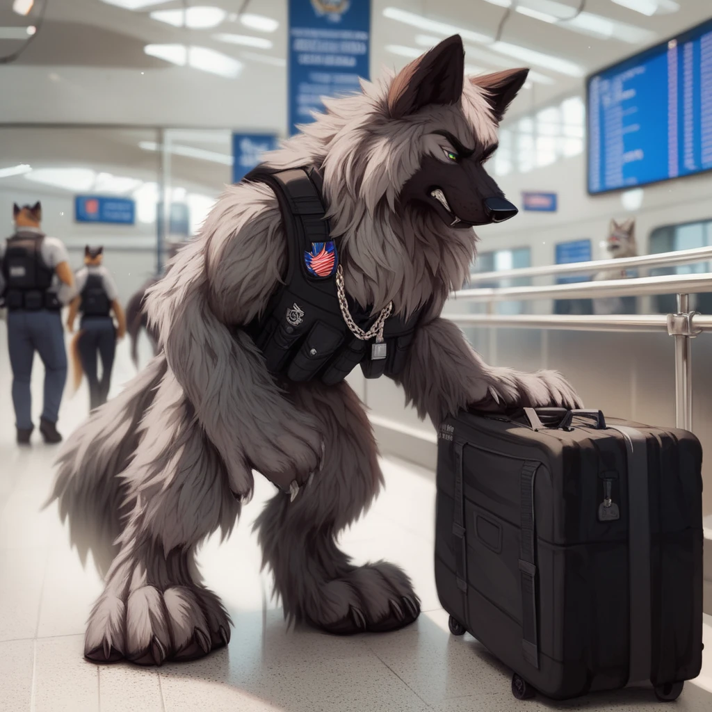 score_9, score_8_up, score_7_up, score_6_up,aleu,  very extra long haired, anthropomorphic, adult, furry, wolf, wearing a heavy police vest, quadruped, standing on it's toes, all fours, panting, transit station,, black tactical uniform, chain collar, adult furry wolf, wavy hair, long slender snout, sniffing luggage 