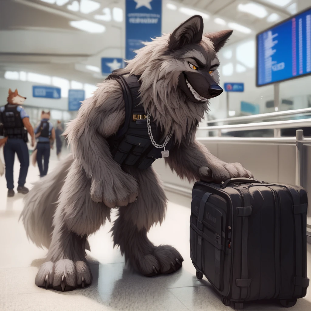 score_9, score_8_up, score_7_up, score_6_up,aleu,  very extra long haired, anthropomorphic, adult, furry, wolf, wearing a heavy police vest, quadruped, standing on it's toes, all fours, panting, transit station,, black tactical uniform, chain collar, adult furry wolf, wavy hair, long slender snout, sniffing luggage 