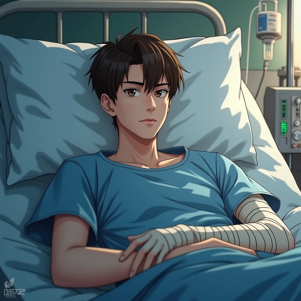 A sick male lying in his bed