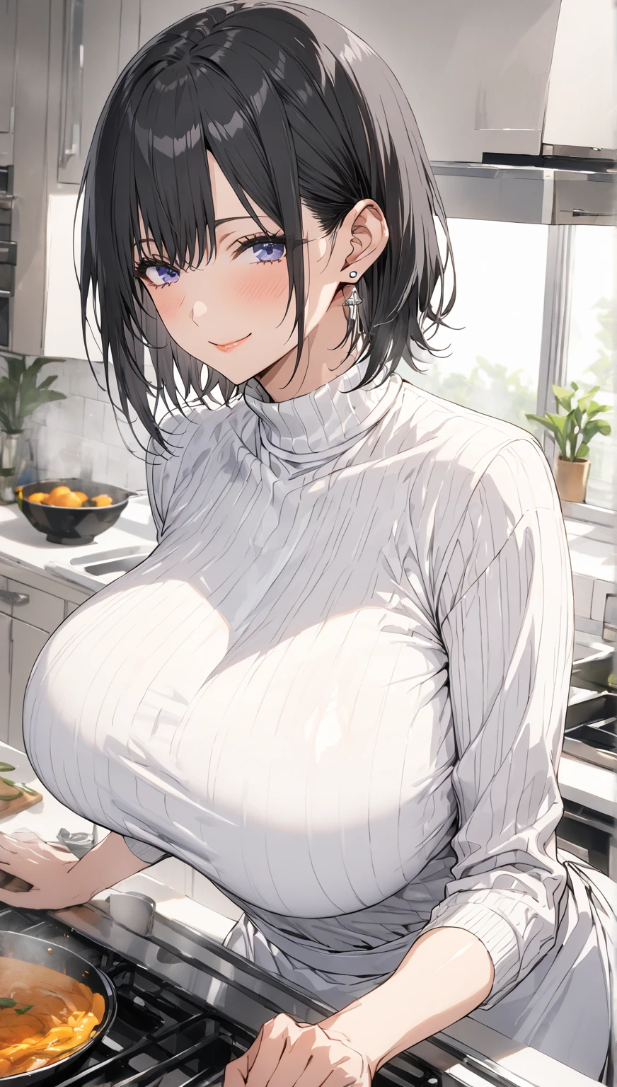 ((highest quality)), ((masterpiece)), (detailed), solo, young mature woman, shiny skin, glossy skin, black short hair, blue eyes, mouth close, smile, turtleneck sweater black, kitchen white apron on top, big breast, small silver earrings, kitchen, 