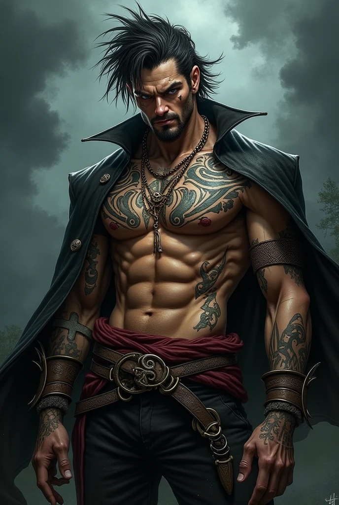 Homem com rosto de caveira e partes do corpo com ossos, com tatuagens no corpo, and a large chain wrapped around the body and releasing smoke from the mouth