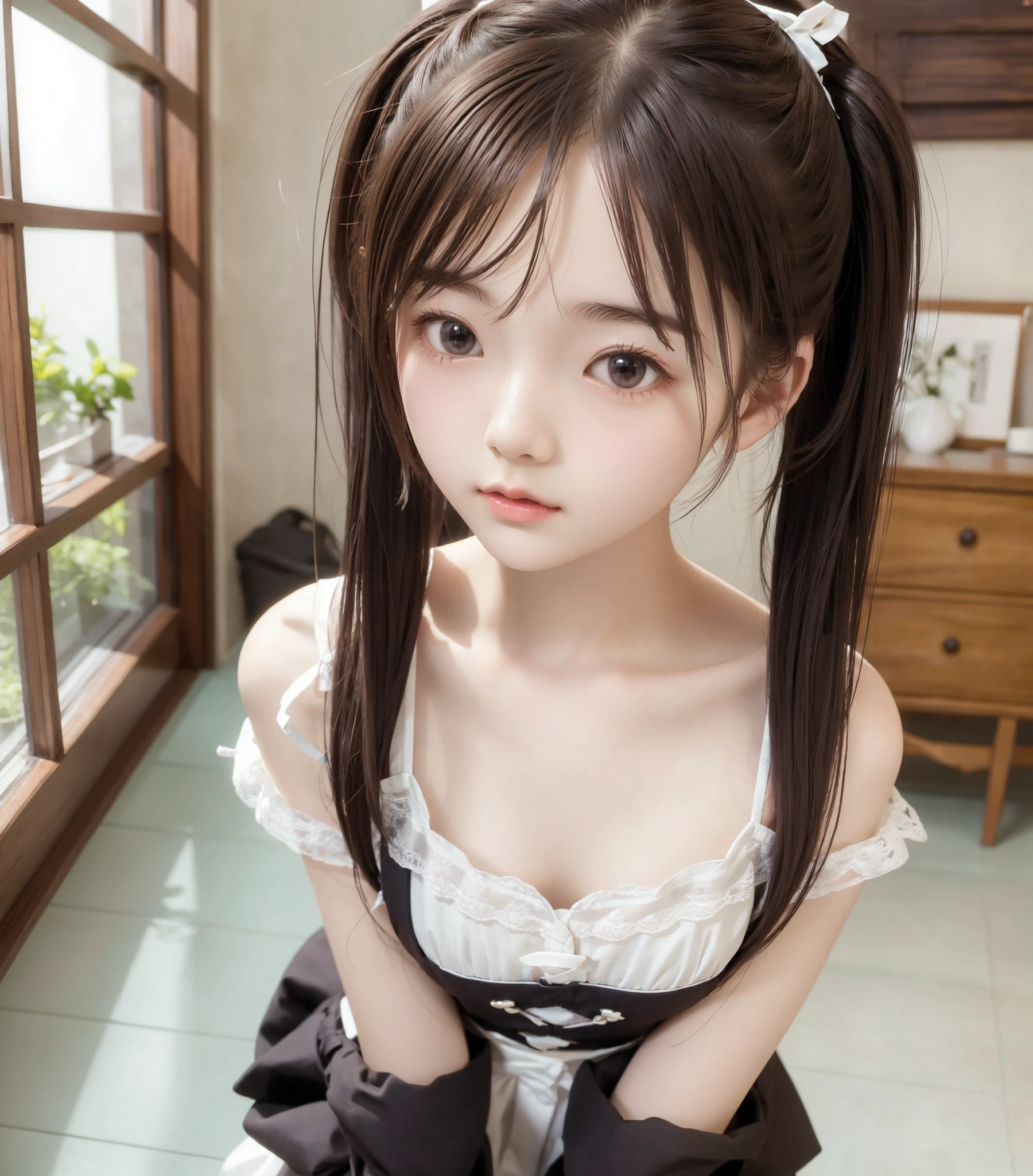 Maid,cute pretty girl,masterpiece,high definition,4k,8k,16k,twin tails,brown hair,slender body,18yo