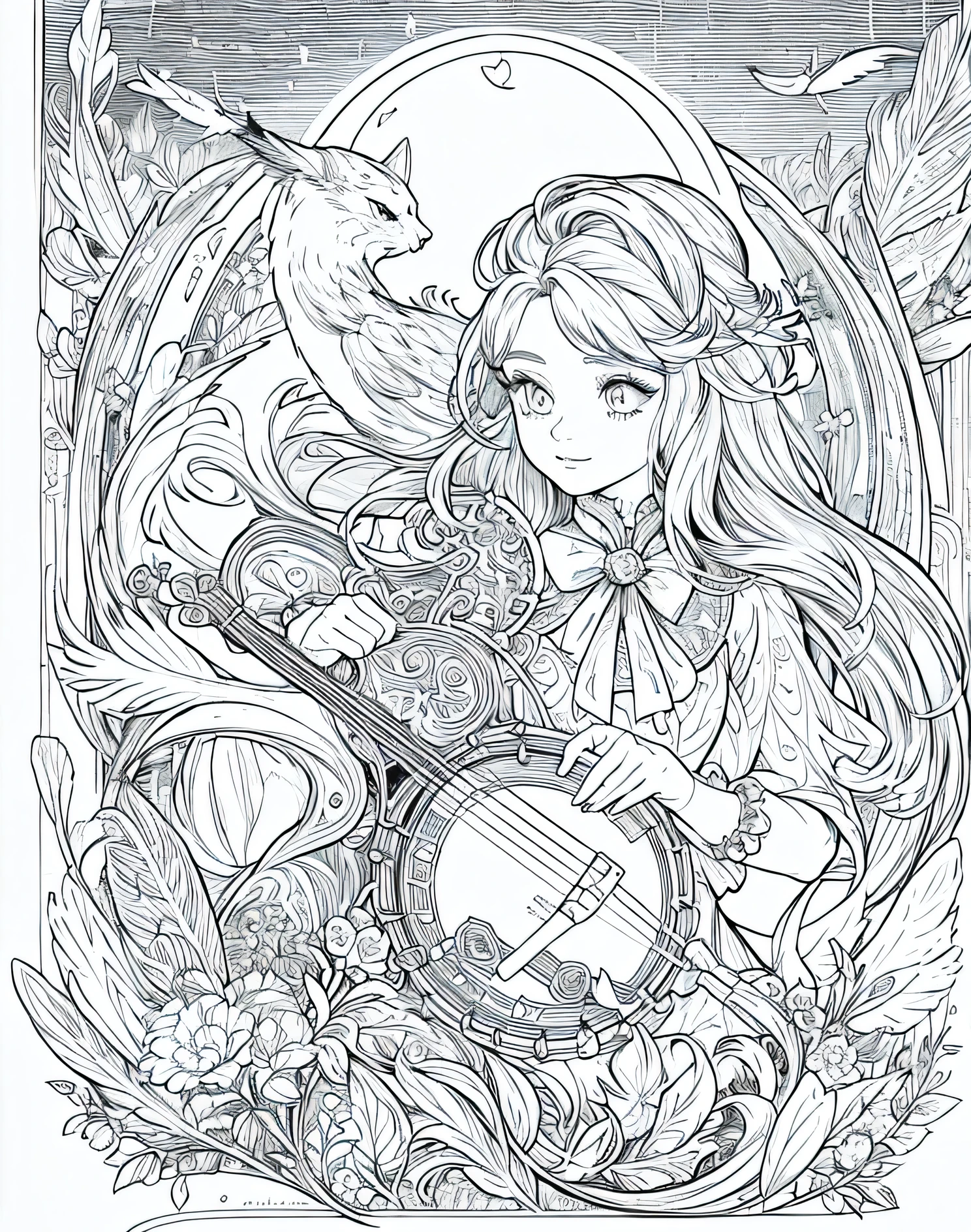 magical cat with a banjo, Moon, musical notes and feathers coloring book