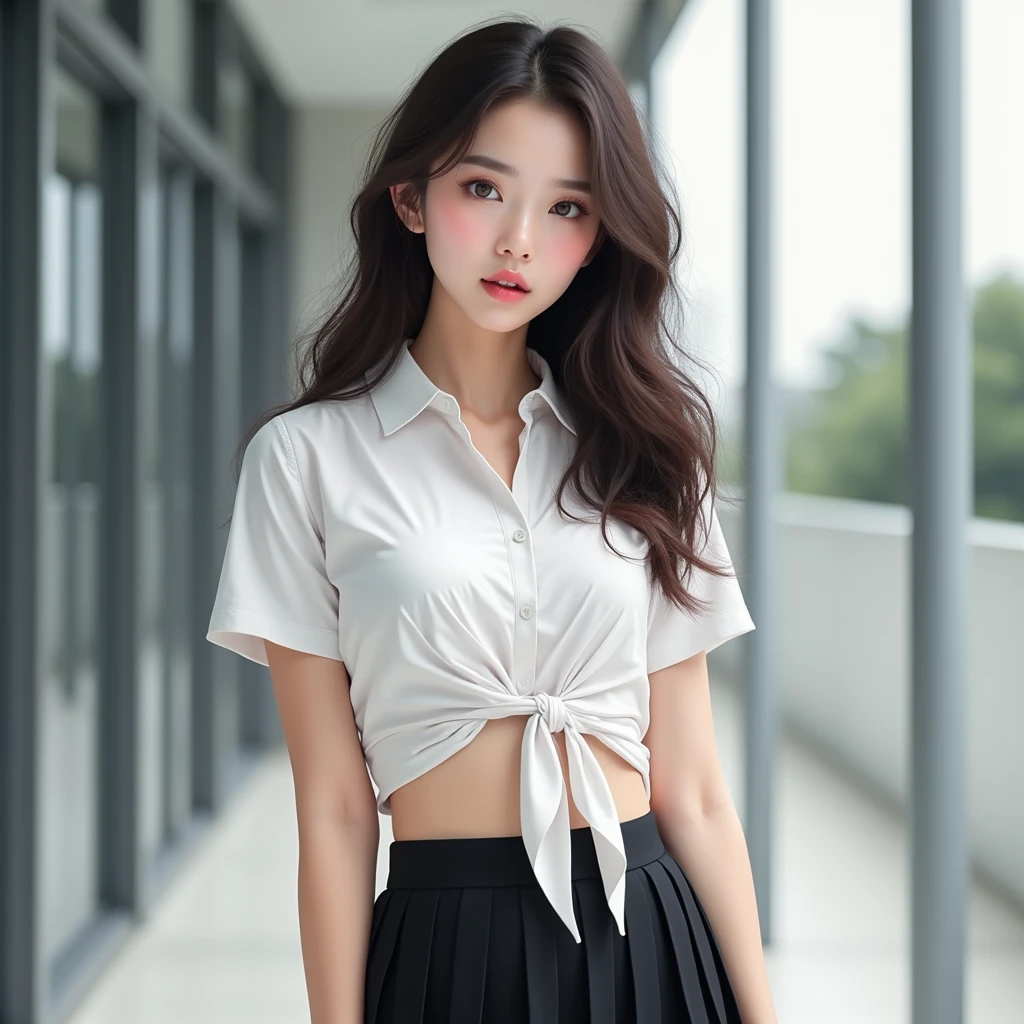 (Masterpiece, realistic, high resolution), (1 girl): 1.2), Korean, ((white wavy hair): 1.3), (heterochromic eyes: 1.1, thick eyebrows, small moles under the eyes), tie, (white shirt, red sports shorts), ((medium breasts): 1.2, thighs), outdoor, blue sky and white clouds