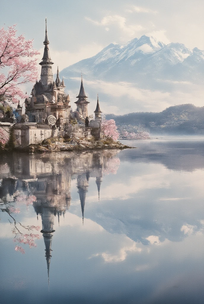 a water reflection scenic picture of a medieval town with a castle, temple, towers, sitting on the bank of a lake, behind it there isa snowy mountain, along the bank there are blossoming cherry trees, it is dawn and the sun is rising