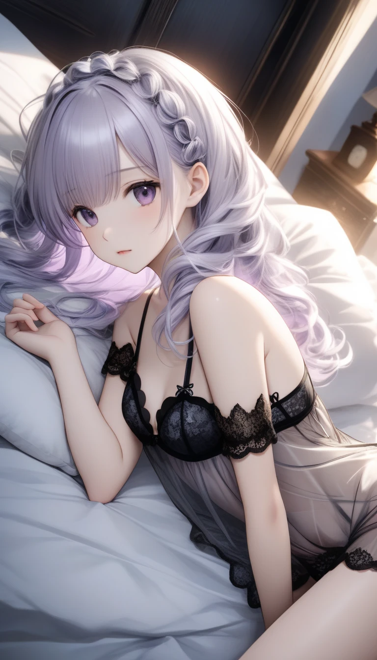 (Best Quality,High resolution,8K,finelity detailed background,Masterpiece:1.2),beautiful girl,Glossy romance gray hair,messy hair,Gray eyes,Gentle look,A refreshing look,Best quality,Best Quality,Aesthetic and aesthetic:1.2,Best details((Super detailed))(High-definition CG illustrations),Purple underwear (purple,intricate lace),Slender body,Late Night,Moonlit Night,Bedroom,On the bed,smile,blush,cute,Scrounge,Looking up,Being spoiled,super model,wariza,shoot from above