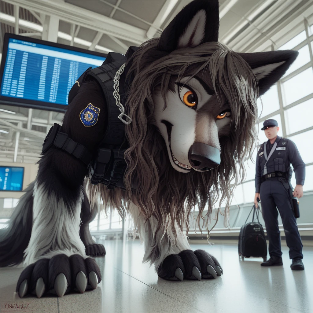 score_9, score_8_up, score_7_up, score_6_up,aleu,  very extra long haired, anthropomorphic, adult, furry, wolf, wearing a heavy police vest, quadruped, standing on it's toes, all fours, panting, transit station,, black tactical uniform, chain collar, adult furry wolf, wavy hair, long slender snout, sniffing luggage 