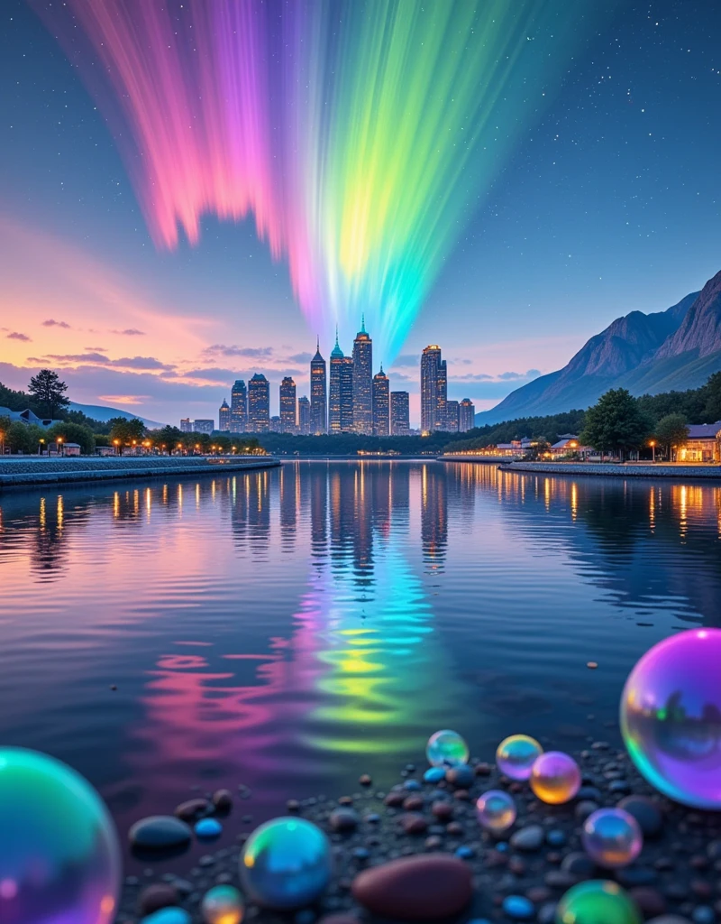 Cities Skylines, Reflected In Water, Aurora, city skyline with a reflection of the water, Futuristic Lake of Iridescent Lights, Building on a Calm Lake Surrounded, Bright evening, dreamy landscape. Iridescent light effect, ultra-fine glass reflection, shimmering metallic accents, cinematic atmosphere.