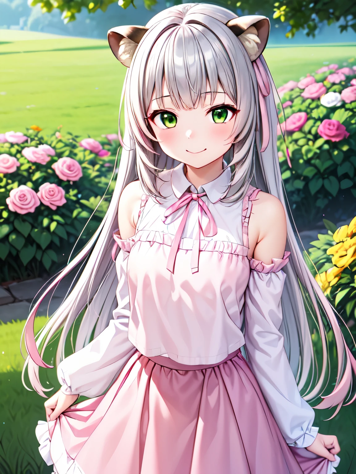 masterpiece,  best quality,  high definition 、  1 girl,solo、cute raccoon ears、 silver hair、 Silver Hair, Long Hair,  sweep bang, Silver Hair, yellow-green eyes, ( pink ribbon: 1.5), Big beautiful eyes, Cute mouth ,  red camisole、 (White Skirt:1.2)、smile、Embarrassed,  flared skirt showing right shoulder, whole body