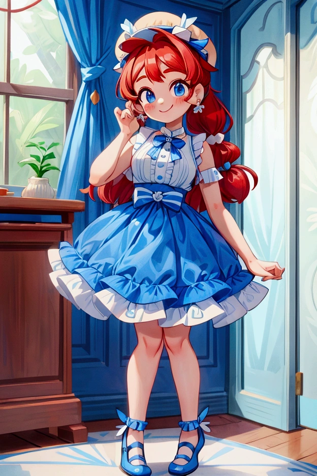 (masterpiece, best quality), 1girl, blue and white frill dress, red hair, two ponytails, cute face, blue eyes, standing, indoor, intricate detail, sunlight, cute dog hat, sexy pose, blue and white shoes, earrings, elegant hand watch, smile, coquette, gorgeous legs, mature teenager body, lovely, gorgeous body, pronounced breasts
