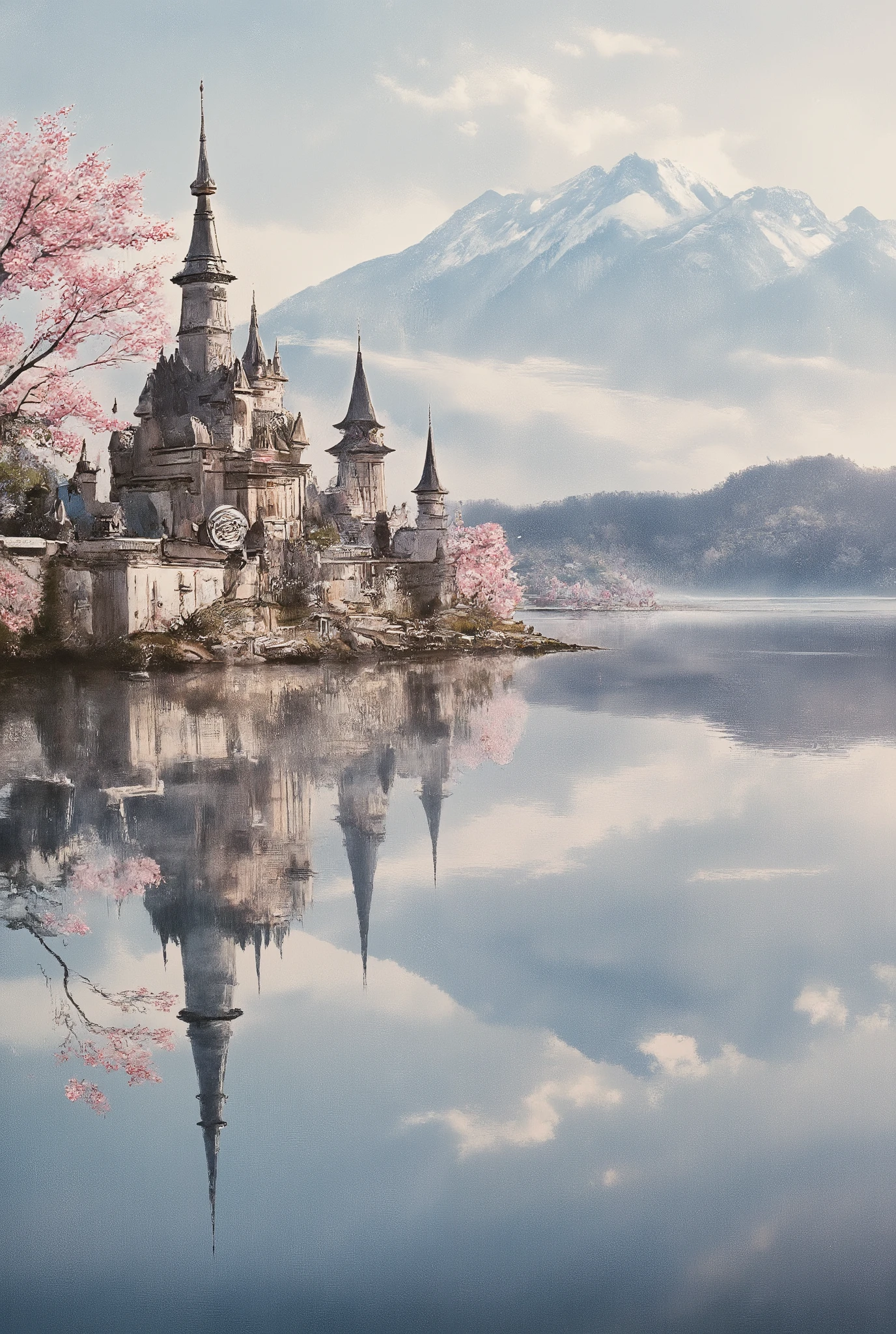 a water reflection scenic picture of a medieval town with a castle, temple, towers, sitting on the bank of a lake, behind it there isa snowy mountain, along the bank there are blossoming cherry trees, it is dawn and the sun is rising