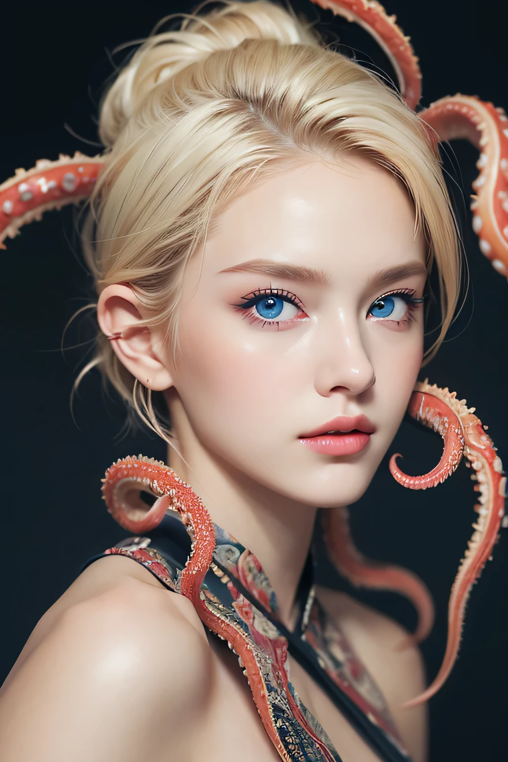 (masterpiece: 1.2,  best quality), Realistic, (Realistic Picture,  intricate detail dealing with 3 tentacles,  depth of field),  best quality, masterpiece,  very detailed, Semi Realistic,  1 girl,  mature woman , 21 years old, Blonde,  short hair up to shoulder , The left eye is covered by hair,  blue eyes, King&#39;s Clothes,  red cloak,  slim figure without arms, A crown made of precious gold, Read the document, Document marking, Goose Quill Pen, Office desk, Soft bench, palace, palaceで, middle ages