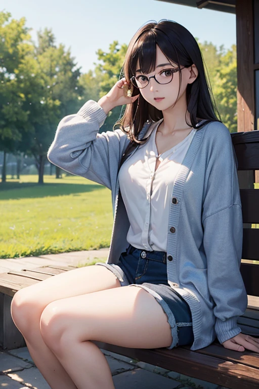 (( best quality)), ((傑 best quality、masterpiece、High sensitivity、 high definition 、 Details、 Delicate Facial Description)), Slender woman、Glasses、 cardigan、 hotpants、 sitting on the bench、