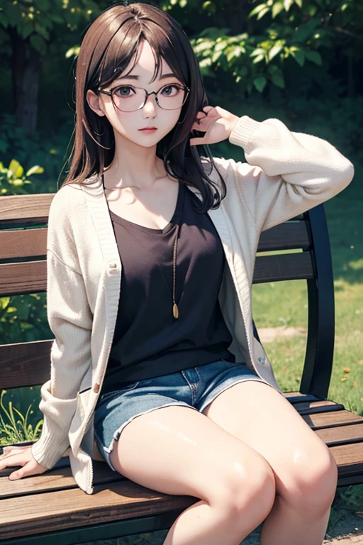 (( best quality)), ((傑 best quality、masterpiece、High sensitivity、 high definition 、 Details、 Delicate Facial Description)), Slender woman、Glasses、 cardigan、 hotpants、 sitting on the bench、