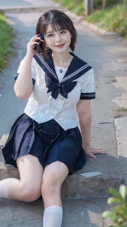 full body shot, from below,  japanese mature, 55 years old,  detailed face , smile,  white skin, (curvy body, Large Breasts,  plump thighs:1.5), (earrings,  Necklaces ,  high school uniform ,  sailor suit, sailor collar,  Navy Blue Pleated Mini Skirt,JK_style,short-sleeved JK_sailor:1.2), (Short socks, wearing loafers :1.2), ( takes a picture of the whole body from toe to head,  standing on the seaside :1.2), ( surrealism, best quality, ultra detailed, absolutely resolution, 8k, anatomically correct), depth of field, looking at viewer, tachi-e