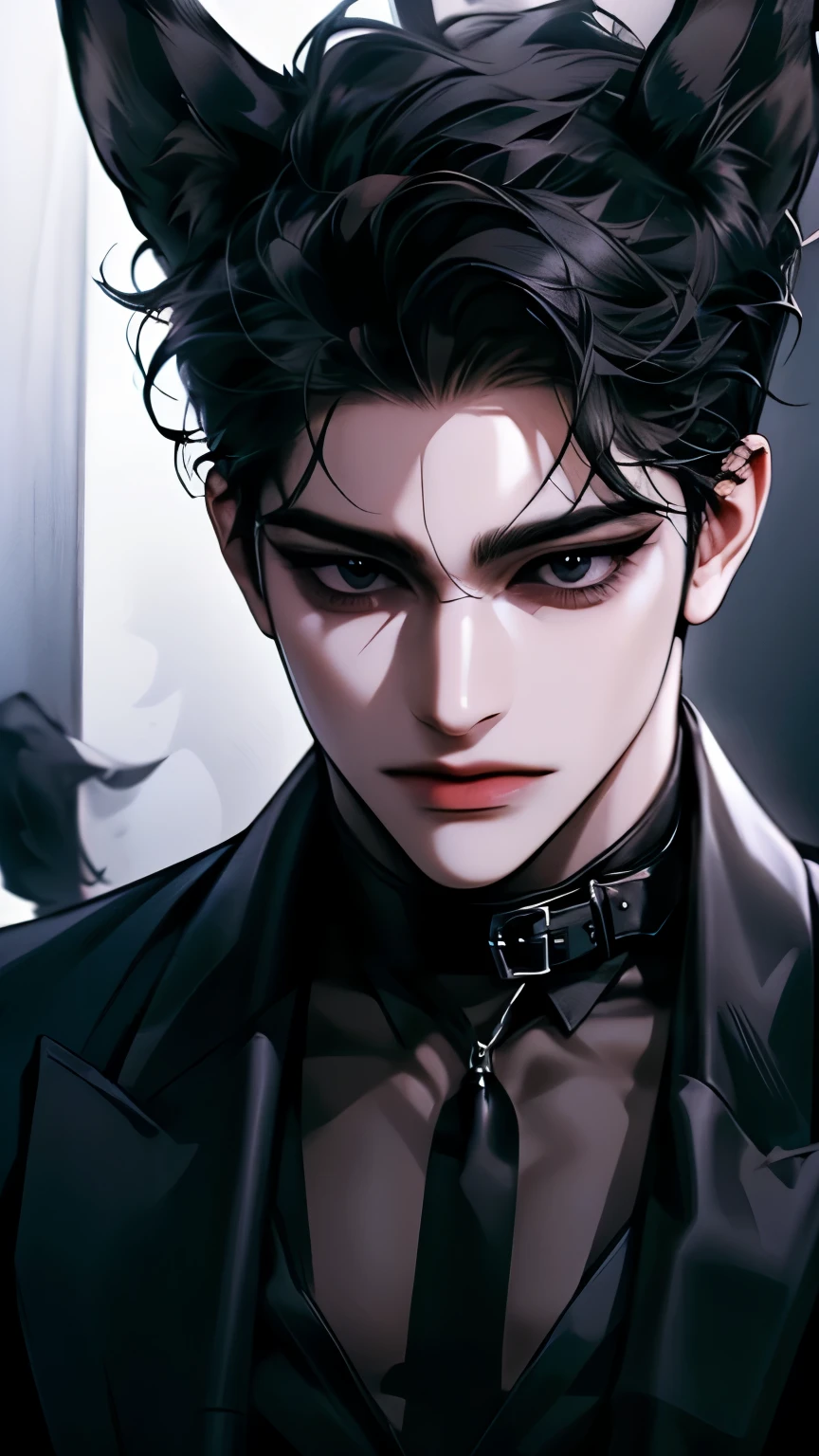 boy, ( black hair and black eyes),  white skin ,  sharp eyes,  close up, ((black suit,  black shirt)), black background, ((muzzle)), (black wolf ears), (((An infallible face)))