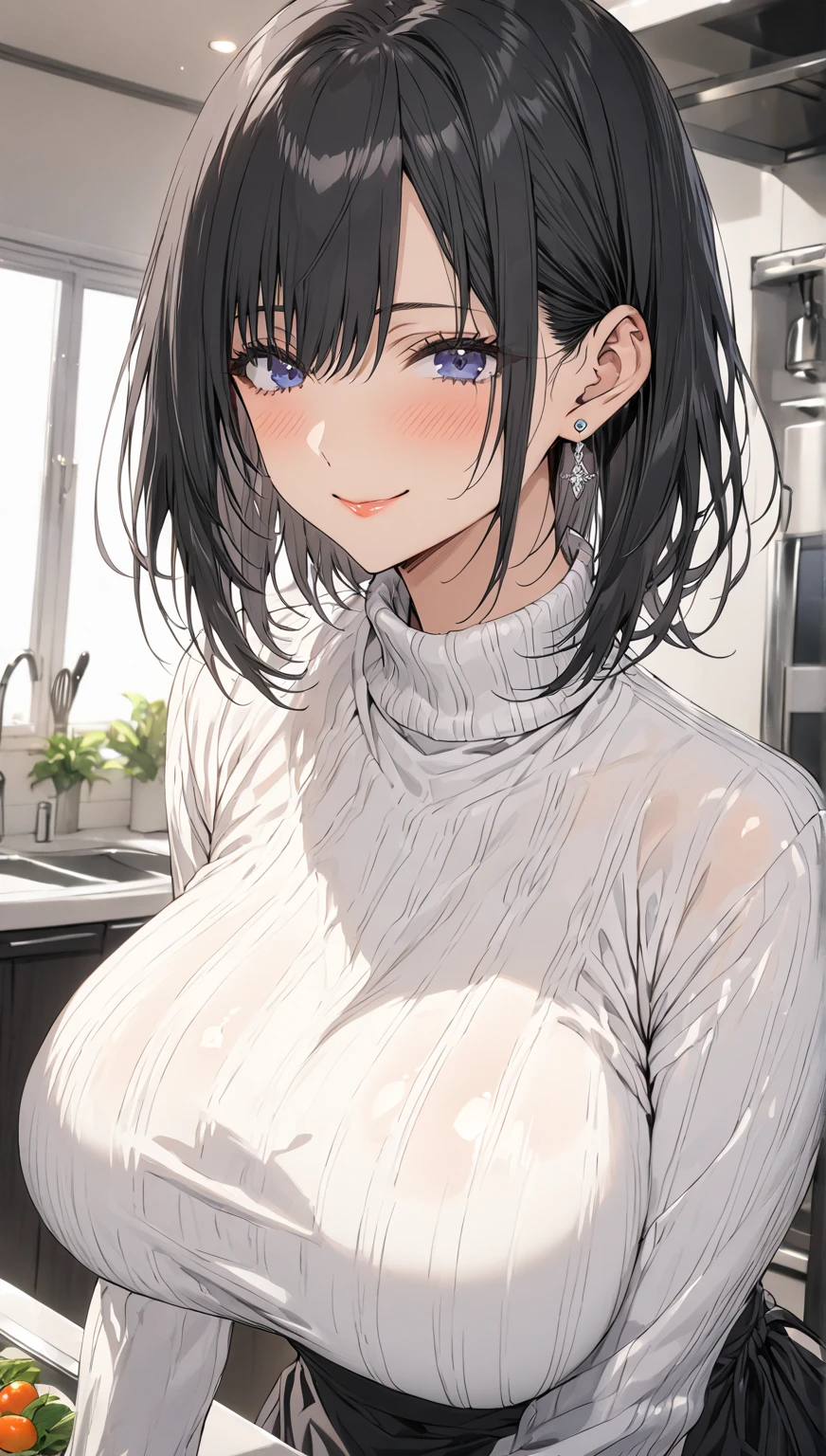 ((highest quality)), ((masterpiece)), (detailed), solo, young mature woman, shiny skin, glossy skin, black short hair, blue eyes, mouth close, smile, turtleneck sweater black, kitchen white apron on top of sweater, big breast, small silver earrings, kitchen, 