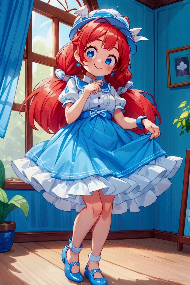 (masterpiece, best quality), 1girl, blue and white frill dress, red hair, two ponytails, cute face, blue eyes, standing, indoor, intricate detail, sunlight, cute dog hat, sexy pose, blue and white shoes, earrings, elegant hand watch, smile, coquette, gorgeous legs, mature teenager body, lovely, gorgeous body, pronounced breasts
