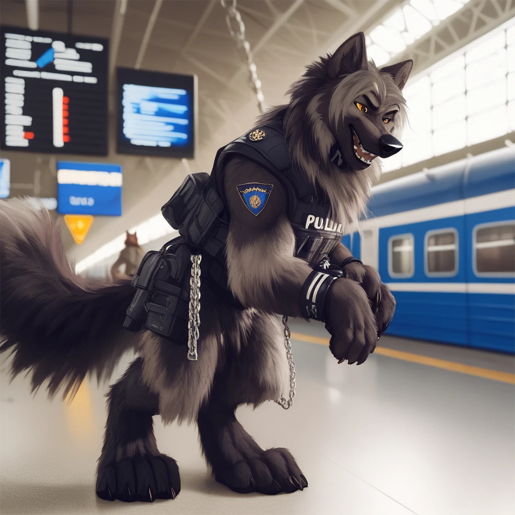 score_9, score_8_up, score_7_up, score_6_up, balto,  very extra long haired, anthropomorphic, adult, furry, wolf, wearing a heavy police vest, quadruped, standing on it's toes, all fours, panting, transit station,, black tactical uniform, chain collar, adult furry wolf, wavy hair, long slender snout, sniffing luggage 