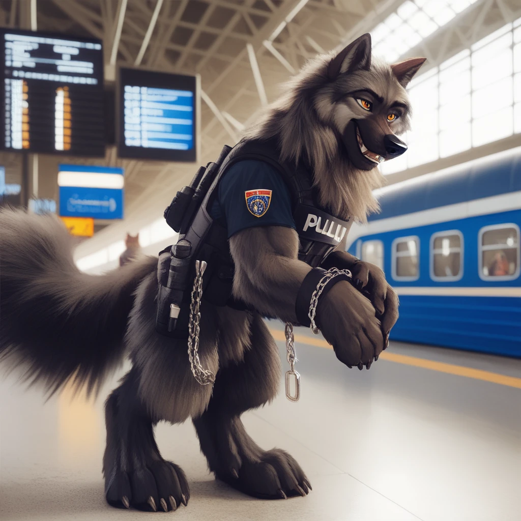 score_9, score_8_up, score_7_up, score_6_up, balto,  very extra long haired, anthropomorphic, adult, furry, wolf, wearing a heavy police vest, quadruped, standing on it's toes, all fours, panting, transit station,, black tactical uniform, chain collar, adult furry wolf, wavy hair, long slender snout, sniffing luggage 