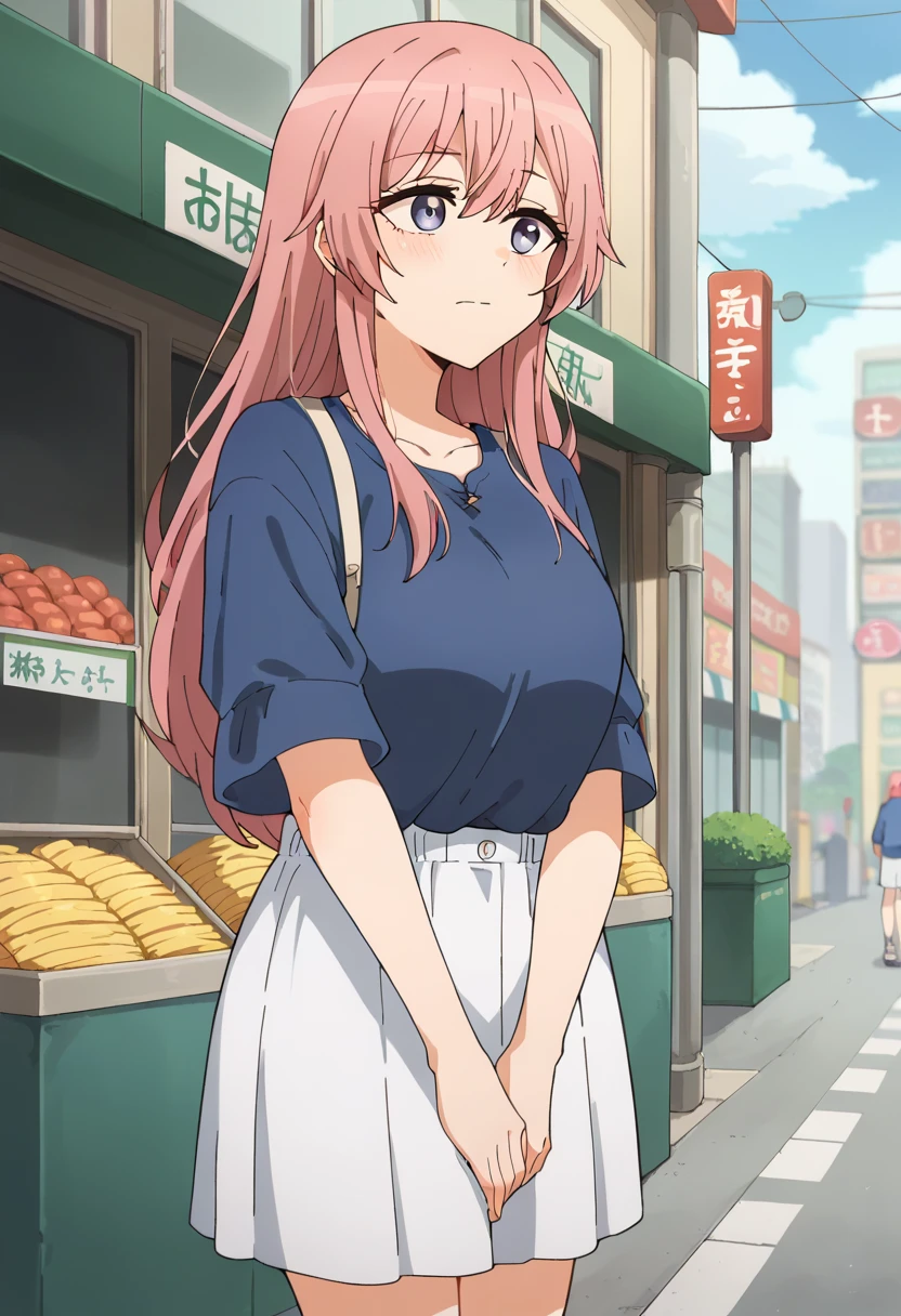  score_9,  score_8_up,  score_7_up, sauce_Anime,
InuiShinju,
 1 girl,  closed mouth , ,  smiles lightly,
 Pink Hair, Long Hair,  lavender eyes,
dry casual,  blue shirt,  shirts in, Short sleeve, White Skirt,
 standing,  is watching viewers, Knee, Hands Between Legs,
Outdoor, city, street, Storefront