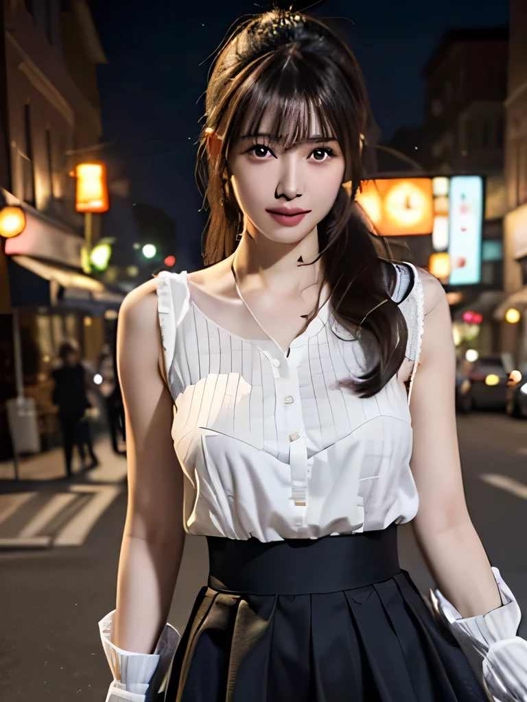 One Girl,(hires.fix:1.4)、(Loose fitting blouse:1.4),(Long skirt:1.3)、(RAW Photos, highest quality), (Realistic, Photorealistic:1.4), (My hair is messy, Asymmetrical bangs, Dark brown hair,ponytail:1.3),smile、 Very delicate and beautiful, Very detailed, 8k wallpaper, wonderful, In detail, Very detailedなCG Unity, High resolution, Soft Light, Beautifully detailed 19 year old girl, Very detailedな目と顔, Beautifully detailed nose, Beautiful fine details,Cinema Lighting,City lights at night,Perfect Anatomy,Slim body, large breasts