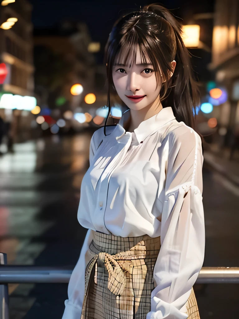 One Girl,(hires.fix:1.4)、(Loose fitting blouse:1.4),(Long skirt:1.3)、(RAW Photos, highest quality), (Realistic, Photorealistic:1.4), (My hair is messy, Asymmetrical bangs, Dark brown hair,ponytail:1.3),smile、 Very delicate and beautiful, Very detailed, 8k wallpaper, wonderful, In detail, Very detailedなCG Unity, High resolution, Soft Light, Beautifully detailed 19 year old girl, Very detailedな目と顔, Beautifully detailed nose, Beautiful fine details,Cinema Lighting,City lights at night,Perfect Anatomy,Slim body, large breasts