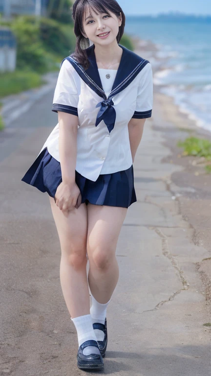 full body shot, from below,  japanese mature, 55 years old,  detailed face , smile,  white skin, (curvy body, Large Breasts,  plump thighs:1.5), (earrings,  Necklaces ,  high school uniform ,  sailor suit, sailor collar,  Navy Blue Pleated Mini Skirt,JK_style,short-sleeved JK_sailor:1.2), (Short socks, wearing loafers :1.2), ( takes a picture of the whole body from toe to head,  standing on the seaside , standing:1.2), ( surrealism, best quality, ultra detailed, absolutely resolution, 8k, anatomically correct), depth of field, looking at viewer, tachi-e