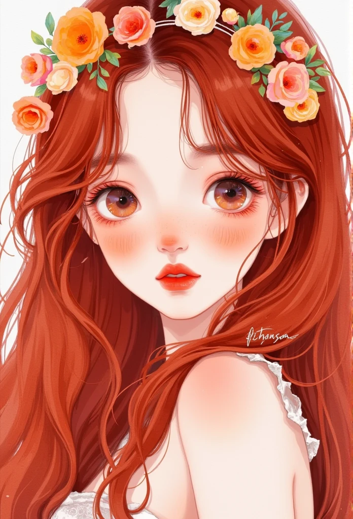  close-up of a girl with red hair and a flower crown in Bowater's art style, An anime drawn by Ni Tian ,   pixiv Contest Winner  , Fantasy Art,  Korean Art Nouveau anime , beautiful Anime art style, Digital Anime Illustration,   creates  , Lovely art style, Anime style illustration, Anime art style,  exquisite digital art ,  detailed digital anime art