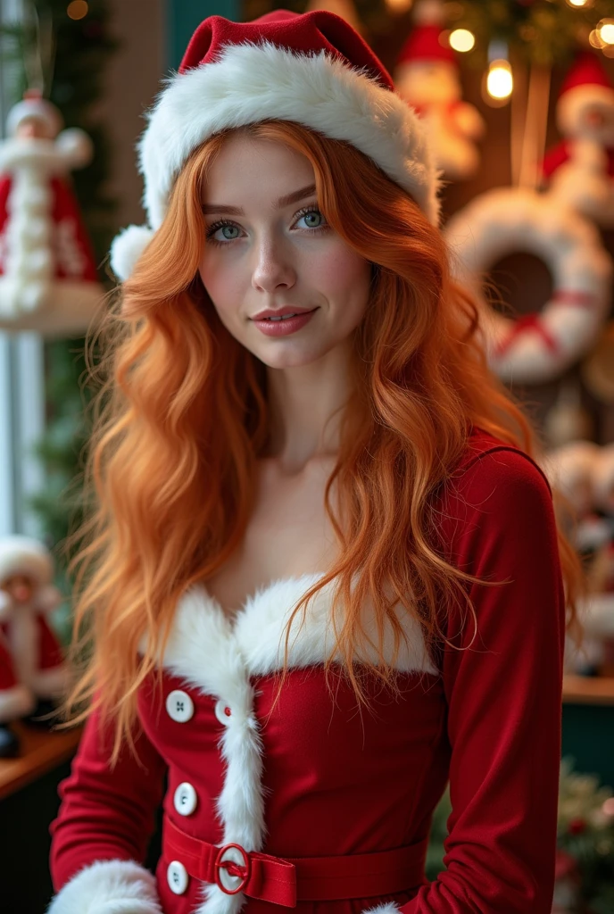 photo-realistic,portrait,red-haired woman,sexy,snowman cosplay outfit,beautiful detailed eyes,beautiful detailed lips,ultra-detailed,realistic,professional,medium:portrait painting,ultra-fine painting,vivid colors,winter,seasonal,Christmas,festive costume,attractive,high res,sharp focus,studio lighting,snowflake pattern,smooth skin,cosplay,captivating,hair accessories,playful expression,enthusiastic,soft lighting,cheerful,curly red hair,fluffy white fur,tempting pose,cute,joyful,glamorous,sparkling eyes,atmospheric background,exquisite details,pleasant smile,winter wonderland,glowing cheeks,lively,colored lights,beautiful woman,Christmas hat,beauty in winter,delicate features,highlighted hair,adventurous,whimsical,alluring,playful,charming,lively colors,cosplay props,cosmic colors