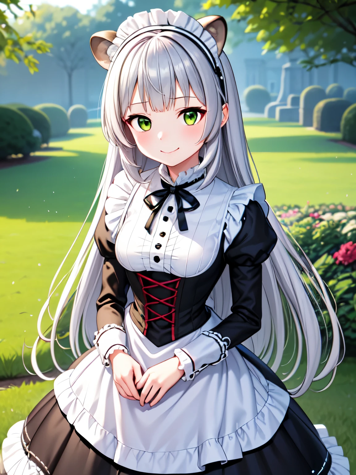 masterpiece,  best quality,  high definition 、  1 girl,solo、cute raccoon ears、smile、blush、 silver hair、 Silver Hair, Long Hair,  sweep bang, Silver Hair, yellow-green eyes, Big beautiful eyes, Cute mouth , (black victorian maid outfit:1.3)、smile、Embarrassed,  flared skirt showing right shoulder, whole body