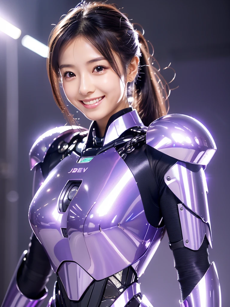 (ultra best quality、8K、masuter piece、delicate illustration)、(futuristic pink and white hero suit) 、(Very plump body 1.1、Super Big 1.1)、smiling at the viewer、Ponytail with black hair(With cage)、ancient battlefields of japan、The upper part of the body
