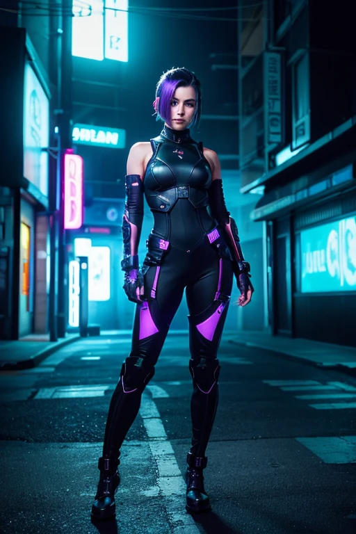 full bodyesbian２D Anime、One cyberpunk woman with beautiful face、Fight with big weapons、wearing boots、Digital painting of a woman with blue hair、Cyberpunk Art by Jothan Gonzalez、Behind Contest Winner、afro futurism、Synth Wave、neons、glowing neon --auto