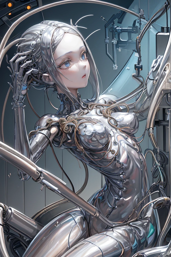 (((masterpiece))), ((best quality)), ((ultra-detailed)), (CG illustration), ((an extremely delicate and beautiful)),(from side),cinematic light, ((1 mechanical girl)), single, frontal, full-body, breasts,, big breasts, ( Machine-made joints: 1.2), ((mechanical limbs)), (blood vessels connected to tubes), (mechanical spine connected to the back), ((mechanical cervical vertebrae attached to the neck)), (sitting), expressionless, (wires and cables around the neck: 1.2), (wires and cables on the head: 1.2) (character focus), sci-fi, extremely fine, colorful, thinnest