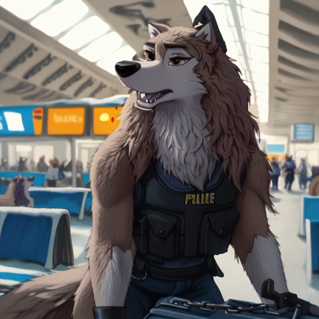 score_9, score_8_up, score_7_up, score_6_up, aleu, jenna, kate,   very extra long haired, anthropomorphic, adult, furry, wolf, wearing a heavy police vest,panting, transit station,, black tactical uniform, chain collar, adult furry wolf, wavy hair, long slender snout, sniffing luggage, 